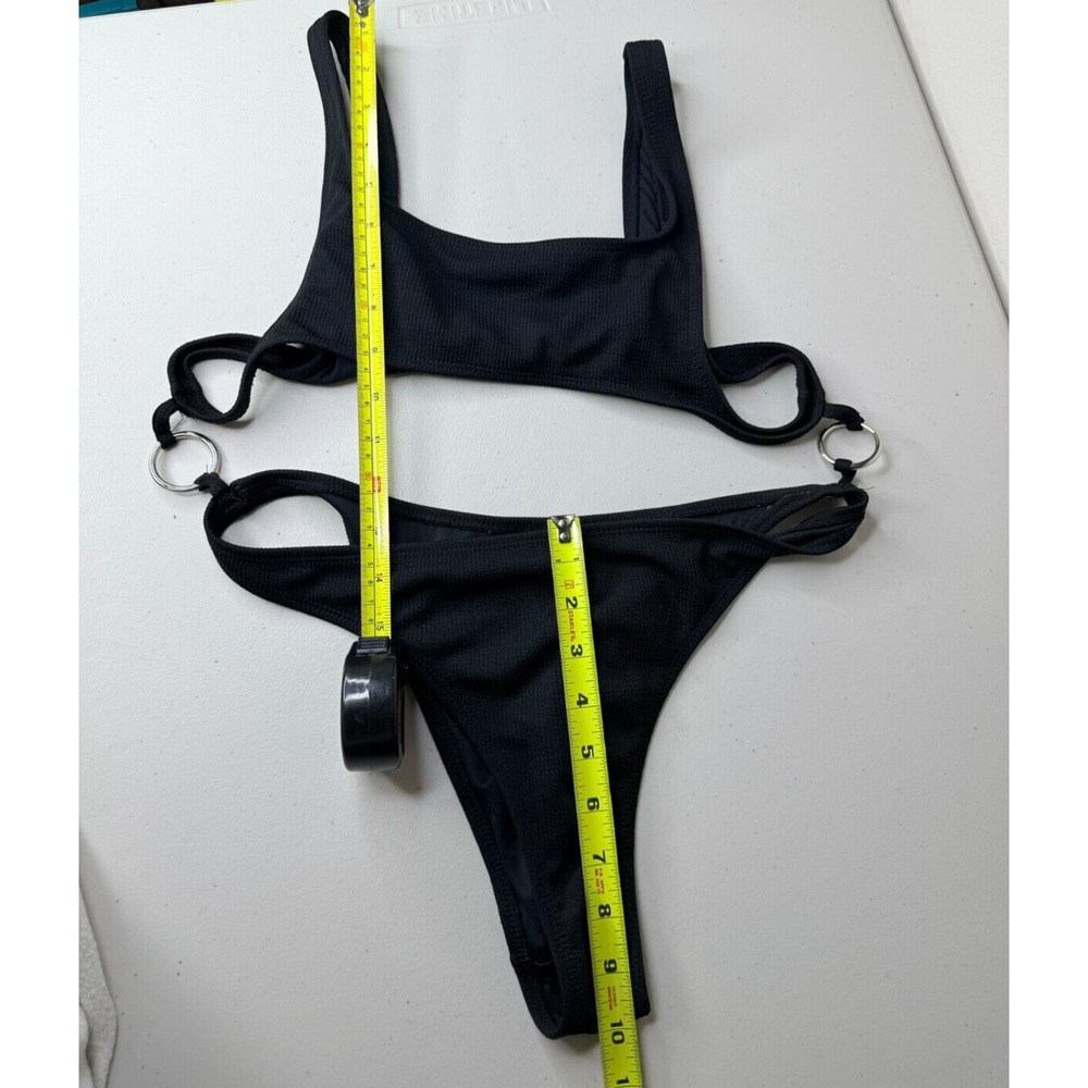 Women's MOTEL Black Two Piece Swim Suit Bikini Bottom Medium Ribbed Hoop Square - Picture 4 of 7
